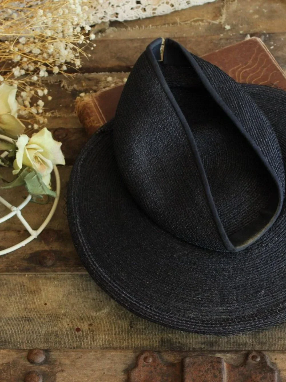 Vintage 1940s 1950s Hat, Blue Straw with Grosgrain Ribbon Trim, Union Made Cartw